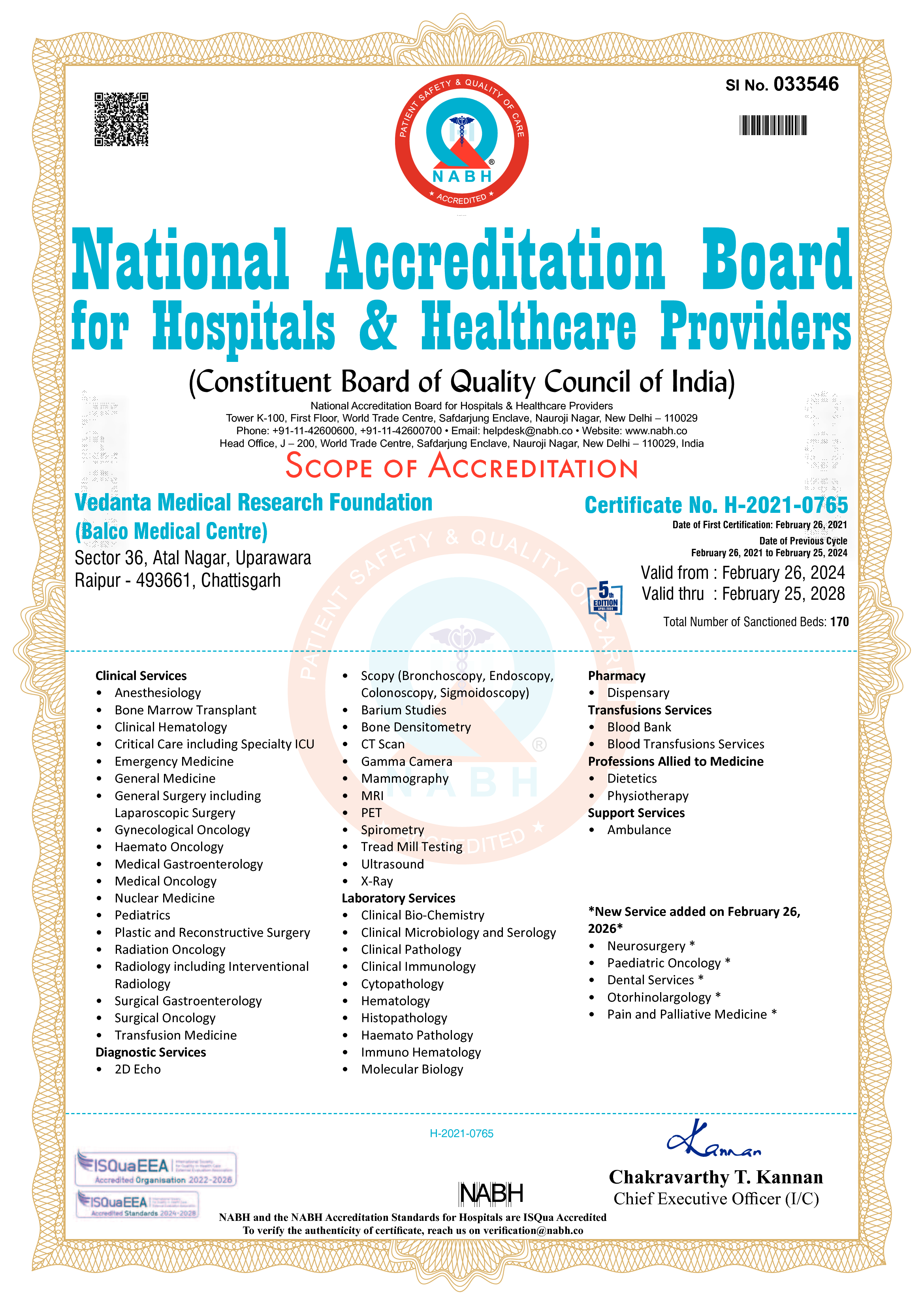 NABH Certified Scope of Accreditation